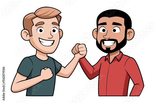 Friendship handshake : Two diverse individuals clasp hands in a display of mutual friendship, illustrating trust and cooperation through this hand gesture.