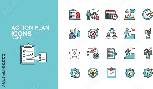 Action plan icons vector set for business strategy and project management