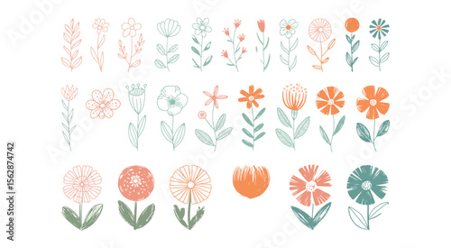 Cute floral simple doodle botanical art. Flowers, leaves, greenery kid style drawings. Crayon pencil vector. Spring, summer childish blossoms.