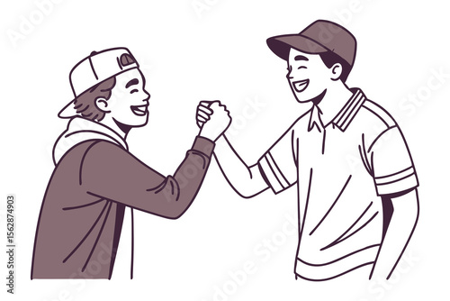 Friendship Bond: Two male friends, rendered in a crisp illustration style, are depicted in a handshake, their faces beaming with happiness, signifying camaraderie and mutual respect.