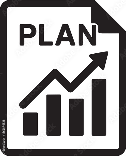 Silhouette vector of rising bar graph with plan document icon representing business growth, planning, and progress.