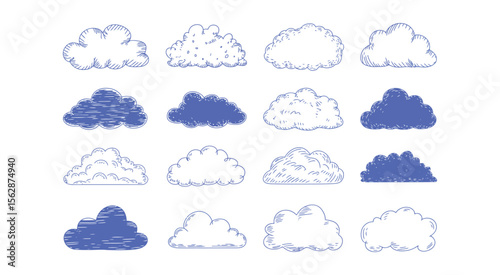 Set of hand drawn blue clouds, sky. Scribble chalk, crayon childish style.
