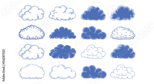 Set of hand drawn blue clouds, sky. Scribble chalk, crayon childish style.
