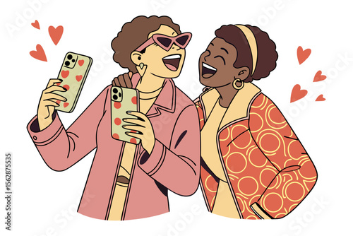Joyful Moments: Two smiling friends sharing a heartfelt moment, laughing and holding phones in a vibrant illustration, capturing the essence of companionship and joy.
