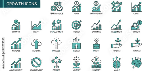 Growth icons set vector illustration business development and investment chart