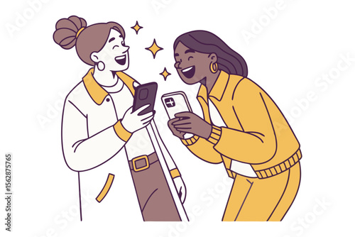 Shared Laughter and Modern Connection: Two joyful figures share a lighthearted moment, engrossed in their phones, with animated star elements adding a touch of excitement.