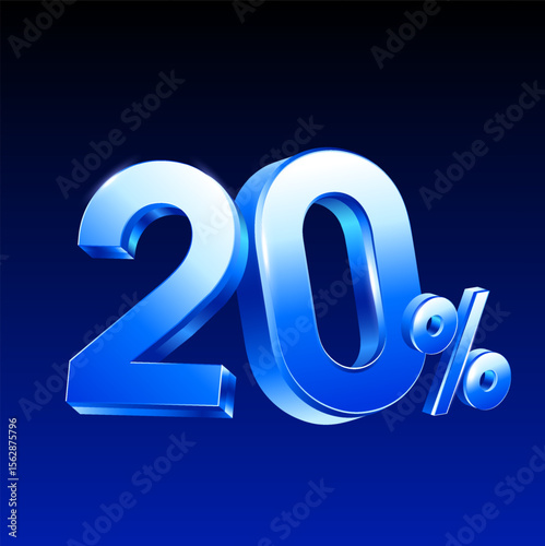 3d 20% or 20 percent rendered in blue metal style, vector illustration. 20 percent icon in 3d vector. Vector illustration