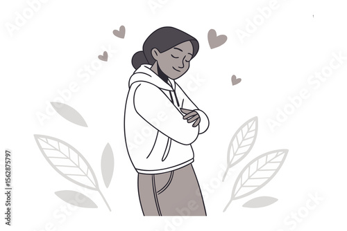 Embracing Self-Love: A serene woman illustration, eyes closed in contentment, hugs herself amidst a delicate floral design.