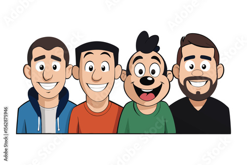 Cartoon Friends: A vibrant illustration of four smiling friends of diverse appearances, each exuding warmth and cheer, perfectly embodies unity and camaraderie.