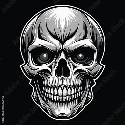 Intense grayscale skull with fierce eyes and sharp teeth silhouette