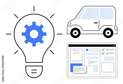 Gear inside light bulb symbolizing innovation, compact car representing mobility, digital interface showcasing technology. Ideal for creativity, technology, mobility, innovation, design, business