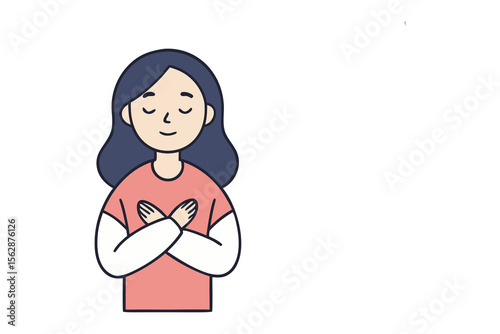 Serene Self-Love: A person exudes tranquility, embracing self-love with a peaceful expression and hands gently crossed over heart. This artwork perfectly captures inner peace and self-acceptance.