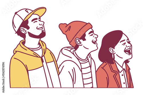 Three Friends' Joyful Expressions: Capture the heart-warming essence of genuine friendship as three individuals stand side by side, their faces illuminated with laughter.