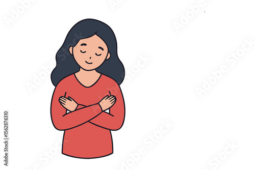 Embrace of Self: A serene woman embodies self-love and contentment through a tender embrace, a visual symphony of inner peace and acceptance. 