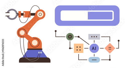 Robotic arm, AI-based workflow diagram, and progress bar conveying automation, AI, machine learning, robotics, industrial innovation, data processing and technological advancements. Ideal