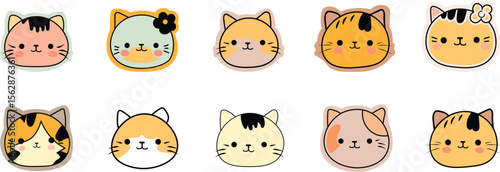 Cat Faces Sticker set. Set of cute cat faces with hand-drawn style. flat design style minimal vector illustration.