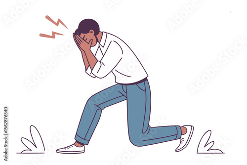 Desperation: A person is kneeling on the ground, head in hands and the situation shows desperation 