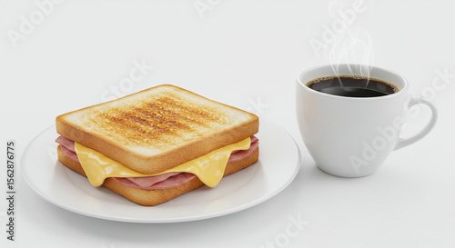 Ham and Cheese Sandwich with Coffee on White Background