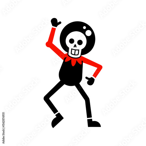Retro style cartoon dancing skeleton with disco pose in playful vibrant design