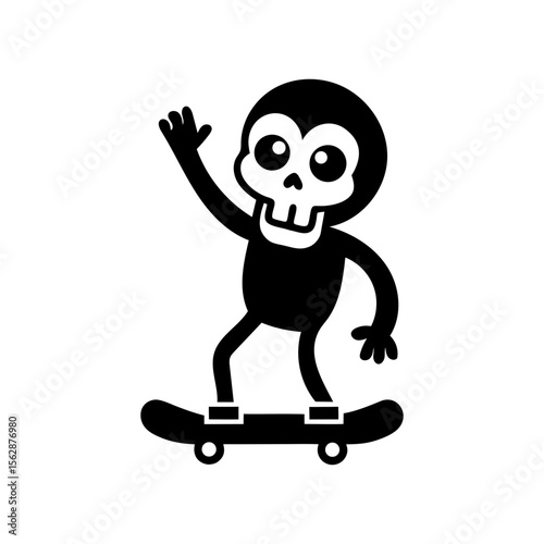 Funny skeleton skater cartoon character waving with skateboard in playful design