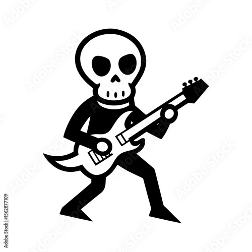 Skeleton playing electric guitar in energetic punk rock cartoon character design