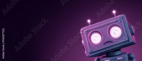 Illustration of a sad robot with glowing eyes against a dark purple gradient background space for text