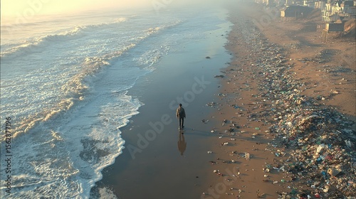 Environmental Impact of Ocean Pollution, Man Confronts Trash on Beach, Highlighting the Need for Business Sustainability Practices