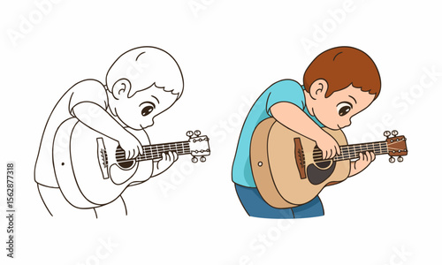 boy playing acoustic guitar coloring page for kids