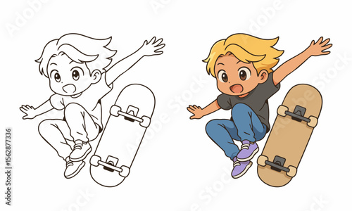boy playing skateboard coloring page for kids