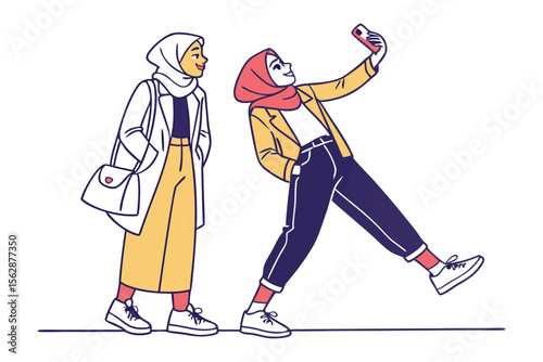 Two friends enjoying an outing: A lively illustration depicts two friends in vibrant attire, sharing a moment of joy. One takes a selfie, capturing their happy faces.