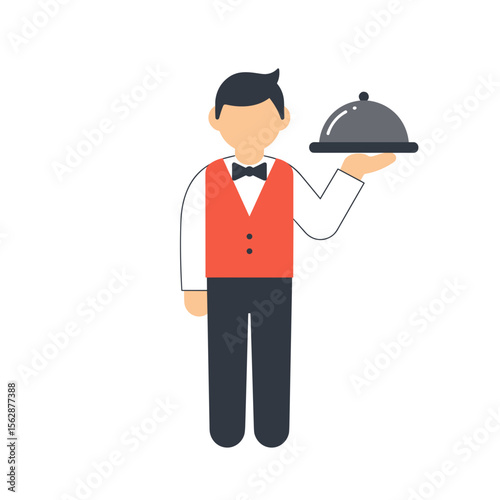 Male waiter serving food on silver platter in restaurant uniform  