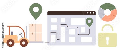 Forklift loading boxes, navigation map with route and location pins, pie chart, and padlock representing secure logistics. Ideal for delivery systems, supply chain, distribution, e-commerce, safety