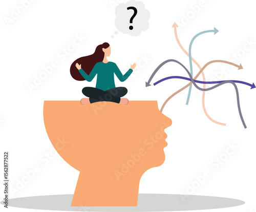 Decision fatigue and tired female with confusion struggle . Doubt and frustration with burnout signs .flat design.illustration with people.