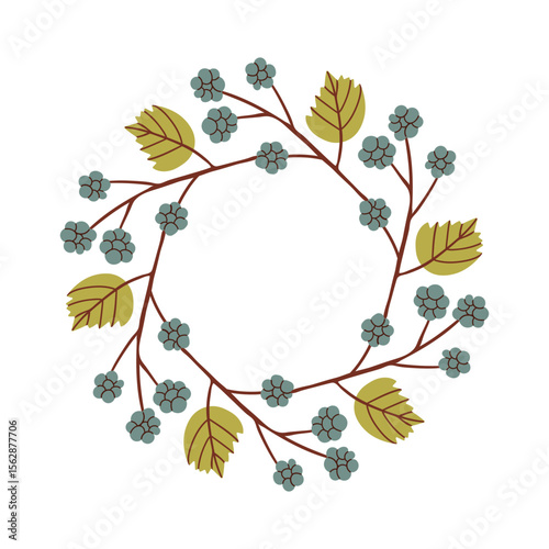 Round frame made of berries and leaves. Woodland wreath. Elegant floral seamless pattern. Template with copy space for wedding invitations and greeting cards. Vector stock illustration.