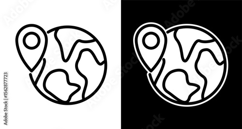 Global Location Icon World Map with Pin Pointer - Line Art Design