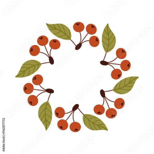Round frame made of berries and leaves. Woodland wreath. Elegant floral seamless pattern. Template with copy space for wedding invitations and greeting cards. Vector stock illustration.