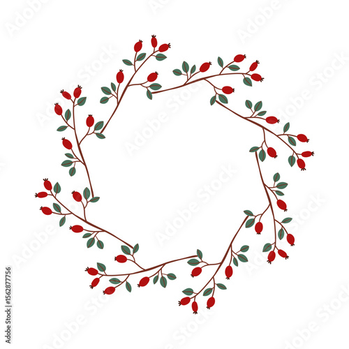 Round frame made of berries and leaves. Woodland wreath. Elegant floral seamless pattern. Template with copy space for wedding invitations and greeting cards. Vector stock illustration.