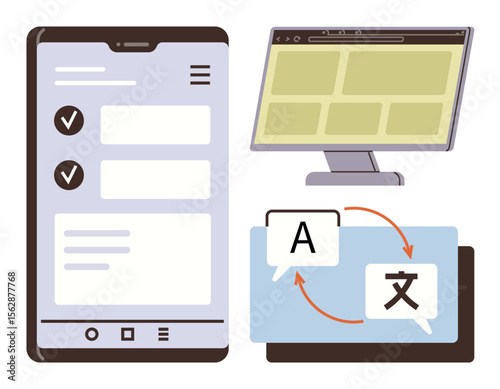 Smartphone application with checklist, computer browser interface, and bidirectional language translation. Ideal for technology, communication, globalization, e-learning, productivity, software