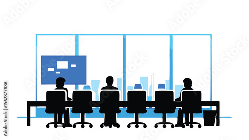 Silhouette figures sitting at a conference table with a screen and city view filling the background