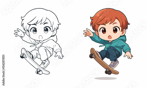 boy playing skateboard coloring page for kids