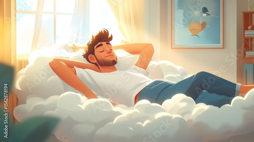 Relaxed man rests on fluffy clouds by a window