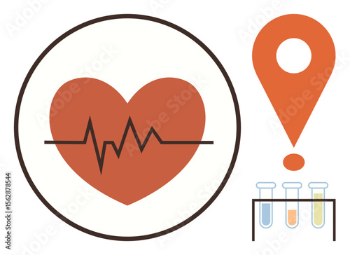 Heartbeat line in a heart, exclamation mark, and test tubes with liquids in primary colors. Ideal for healthcare, diagnostics, wellness, safety, medical research, awareness campaigns simple flat