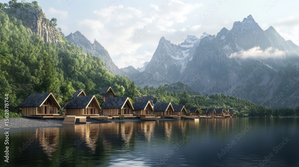 Fototapeta premium Wooden cabins on a lake shore, nestled amidst majestic mountains. Calm water reflects the tranquil scenery, a serene alpine getaway.