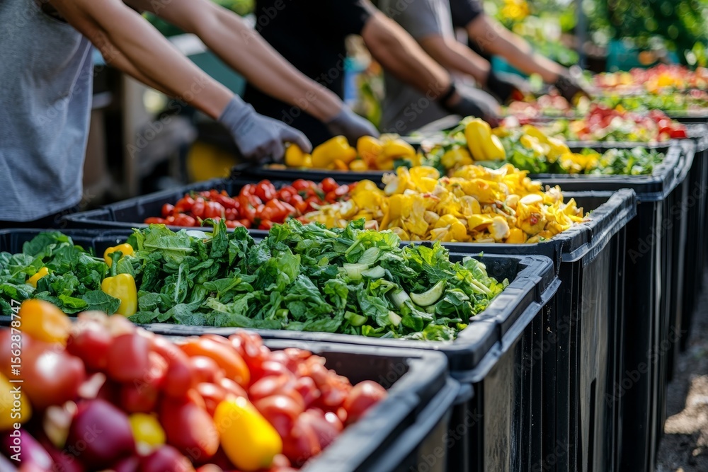 Obraz premium Food waste environmental concept: People tossing food waste into bins to decompose and reduce waste, promoting sustainability, Generative AI