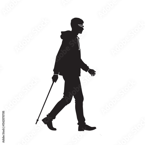 Black Silhouette Vector of Blind Person Walking with Cane in Inclusive Mobility Scene on White Background Full HD