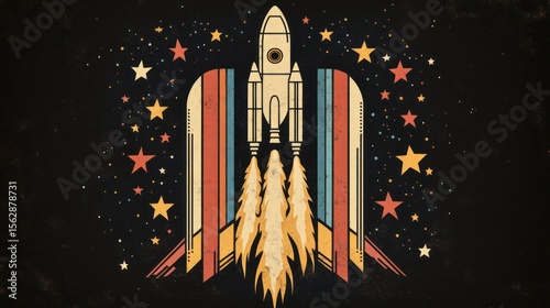 Retro rocket launching into space, surrounded by stars
