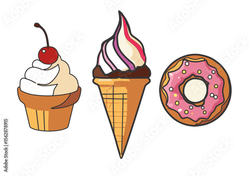 Colorful Flat Candy Icons Collection – icecream, donut, cupcake Vector Isolated 

