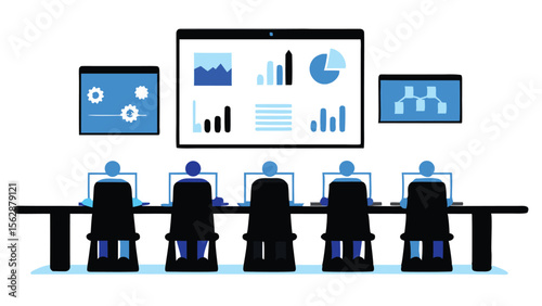 Team meeting with data presentation on screen and individual laptops on a long conference table