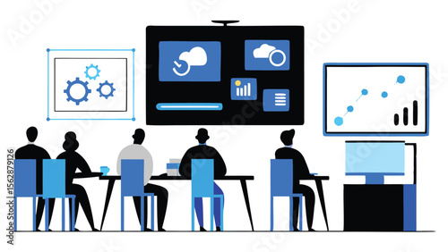 People in a meeting room viewing charts and graphs on screens during a presentation setting scene