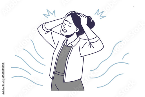 "Headache agony : A stressed person grasps her head with a look of anguish, portraying the overwhelming pain and frustration of a headache.